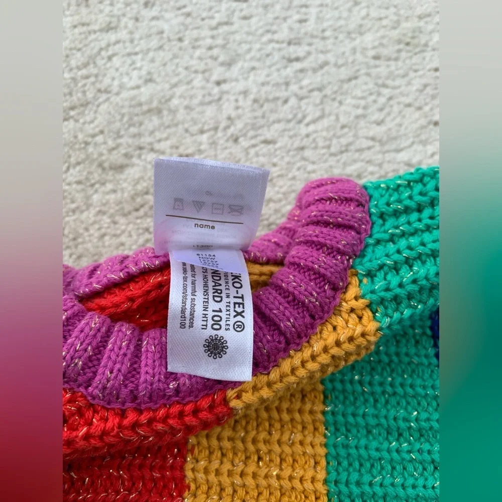 Hanna Andersson Size 100, 4, Rainbow Striped Ribbed Knit Metallic Sweater Dress